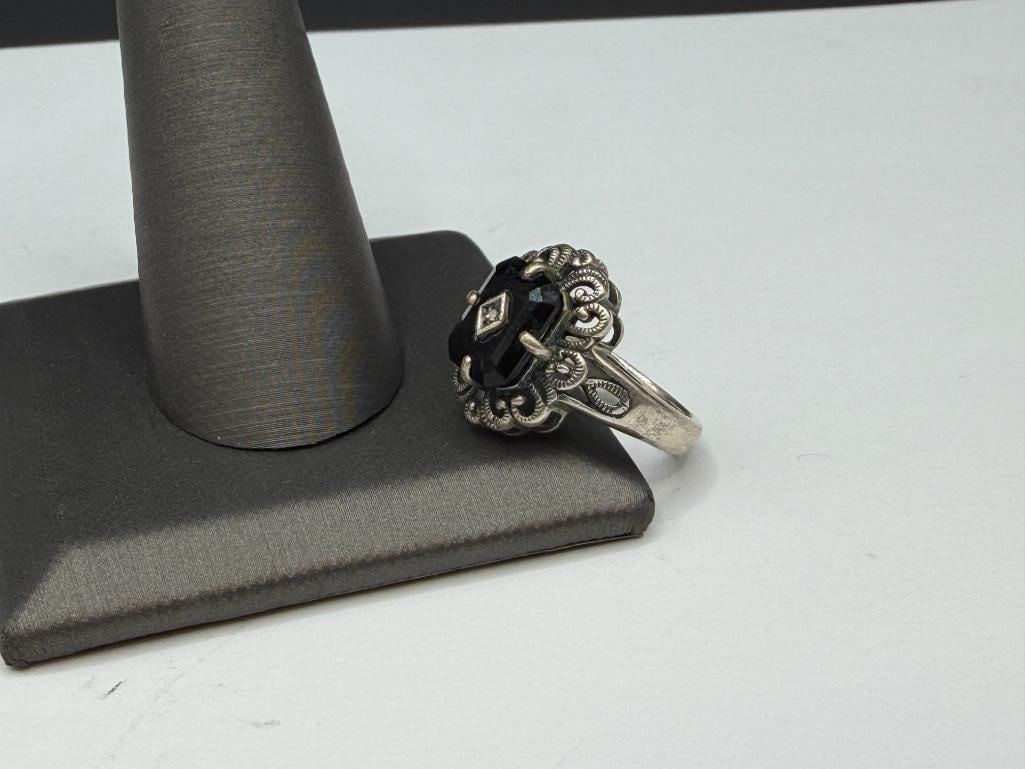 STERLING SILVER EMERALD CUT BLACK ONYX FILIGREE DESIGN RING - 3