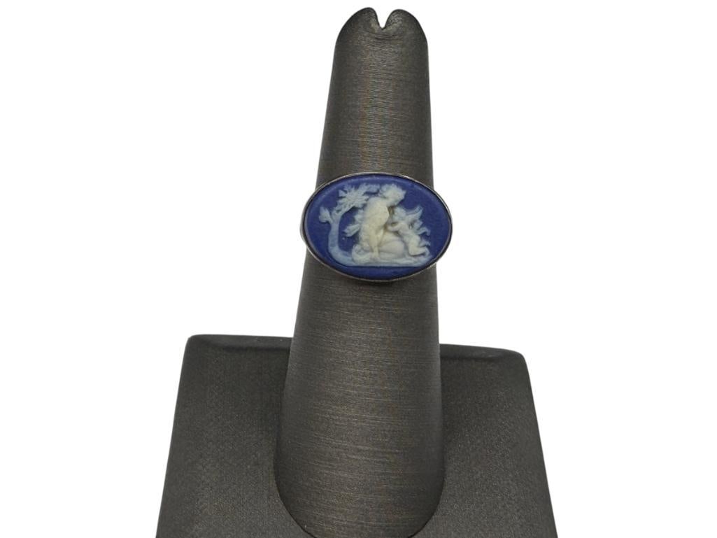 VINTAGE WEDGWOOD STERLING SILVER BLUE CAMEO RING FEATURING WOMAN AND CHERUB: BLUE AND WHITE CAMEO, MARKED ON BACK OF CAMEO SIZE 6 1/4, 1/2" FRONT, 3.63 GRAMS