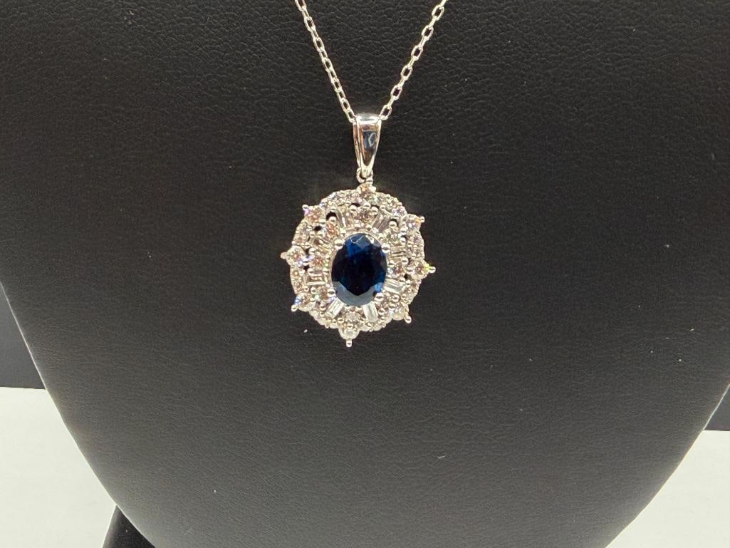 STERLING SILVER BLUE STONE AND DIAMOND PENDANT ON SILVER PLATED CHAIN NECKLACE - 2