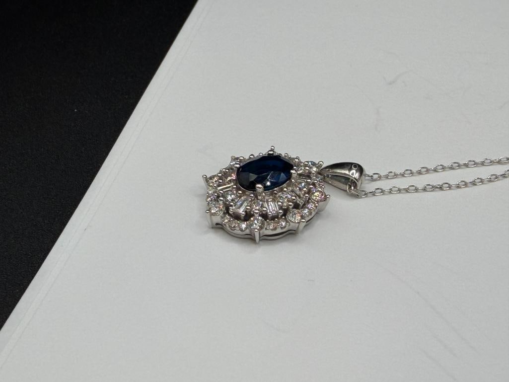 STERLING SILVER BLUE STONE AND DIAMOND PENDANT ON SILVER PLATED CHAIN NECKLACE - 3
