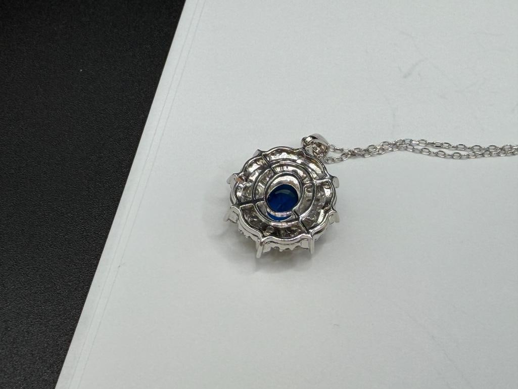 STERLING SILVER BLUE STONE AND DIAMOND PENDANT ON SILVER PLATED CHAIN NECKLACE - 4