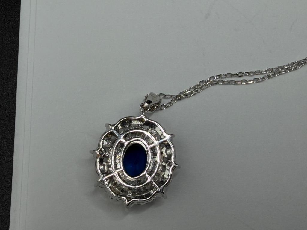 STERLING SILVER BLUE STONE AND DIAMOND PENDANT ON SILVER PLATED CHAIN NECKLACE - 5