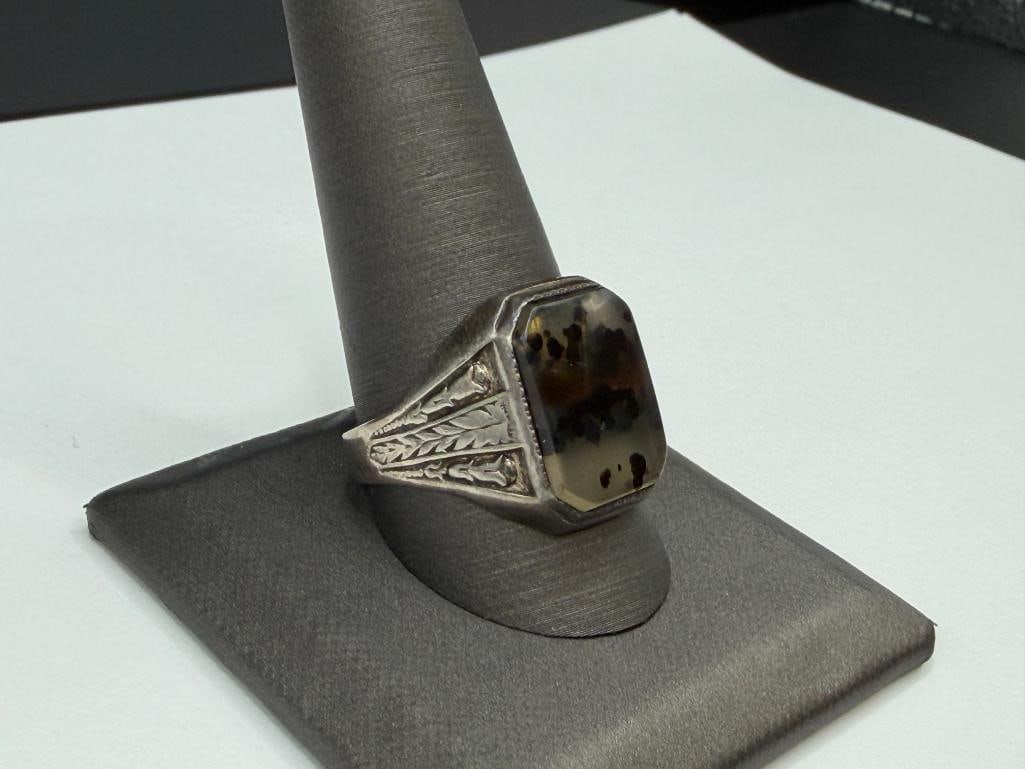 VINTAGE MEN'S STERLING SILVER DENDRITIC AGATE RING - 2