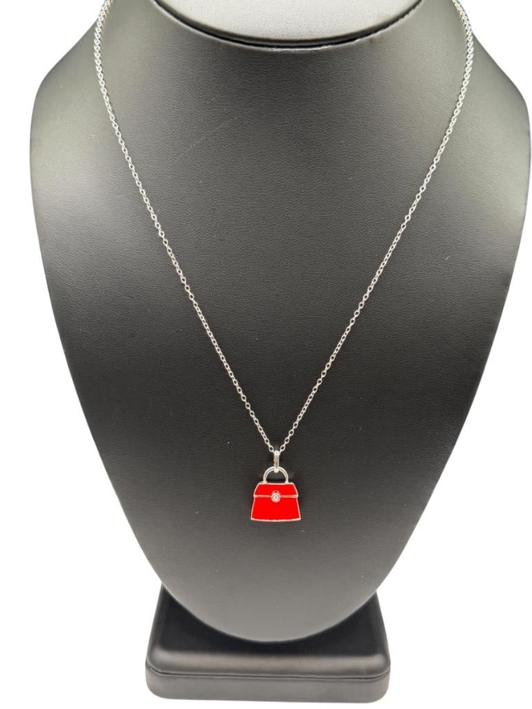 STERLING SILVER RED ENAMELED FIGURAL PURSE PENDANT WITH PIERCED DESIGN ON STERLING SILVER NECKLACE (1 of 5)
