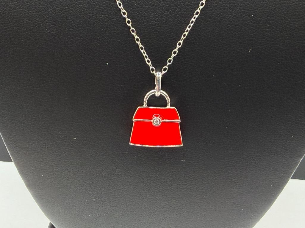 STERLING SILVER RED ENAMELED FIGURAL PURSE PENDANT WITH PIERCED DESIGN ON STERLING SILVER NECKLACE - 2