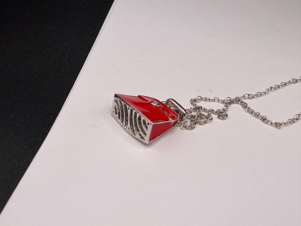 STERLING SILVER RED ENAMELED FIGURAL PURSE PENDANT WITH PIERCED DESIGN ON STERLING SILVER NECKLACE - 3