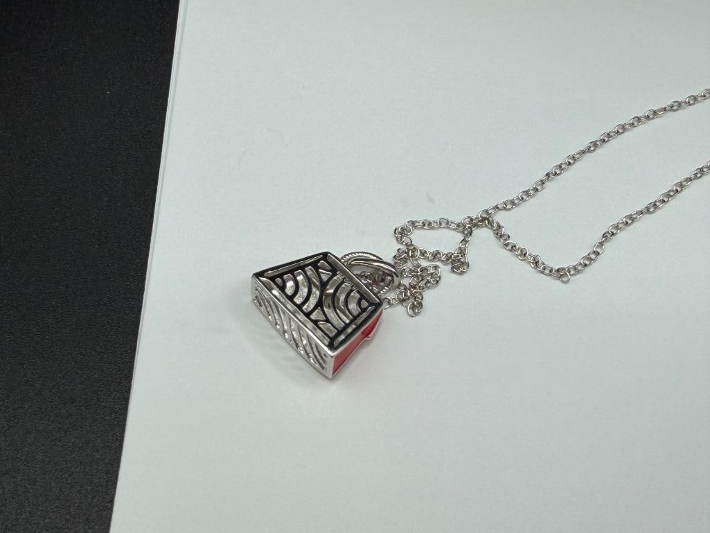 STERLING SILVER RED ENAMELED FIGURAL PURSE PENDANT WITH PIERCED DESIGN ON STERLING SILVER NECKLACE - 4