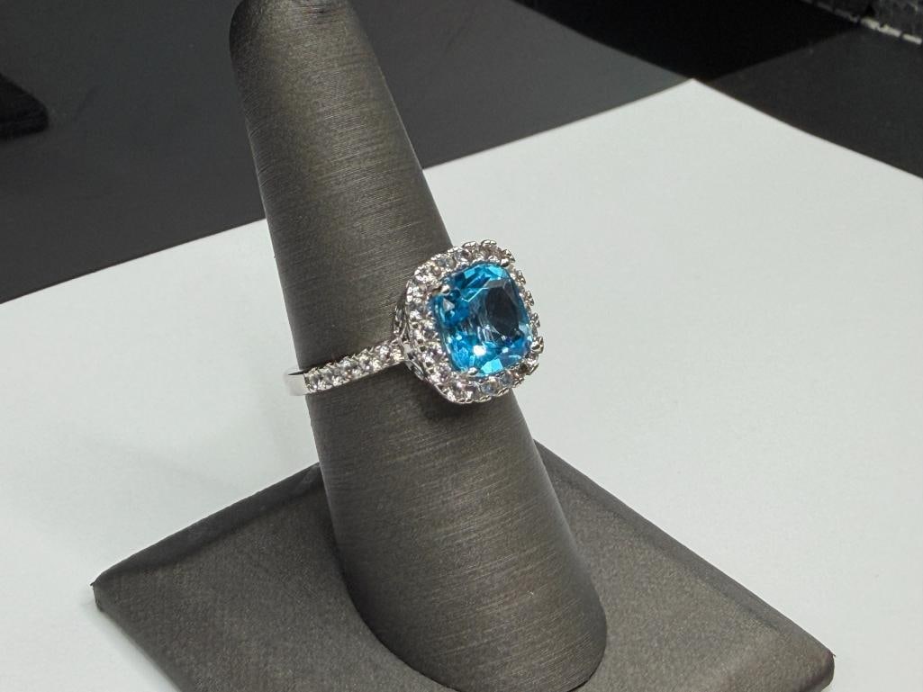STERLING SILVER CUSHION CUT BLUE TOPAZ AND DIAMOND FASHION RING - 2