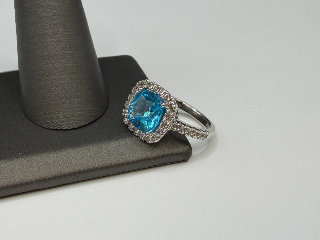 STERLING SILVER CUSHION CUT BLUE TOPAZ AND DIAMOND FASHION RING - 3