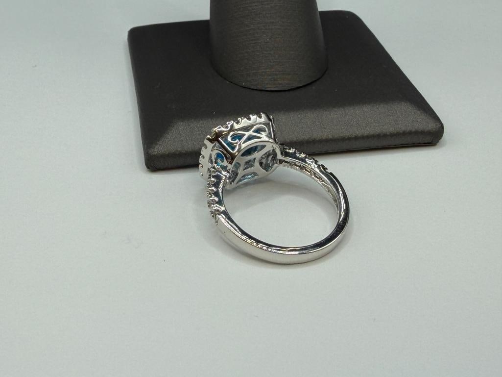 STERLING SILVER CUSHION CUT BLUE TOPAZ AND DIAMOND FASHION RING - 4