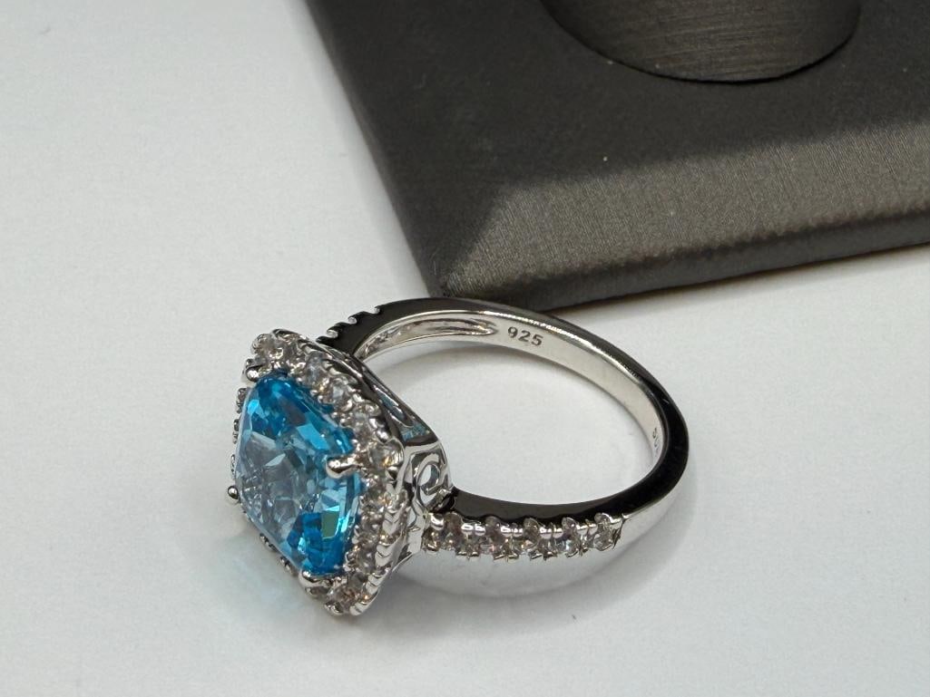 STERLING SILVER CUSHION CUT BLUE TOPAZ AND DIAMOND FASHION RING - 5