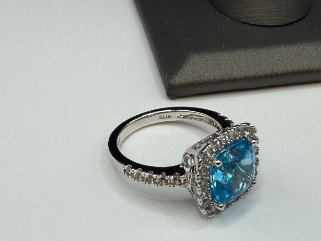 STERLING SILVER CUSHION CUT BLUE TOPAZ AND DIAMOND FASHION RING - 6