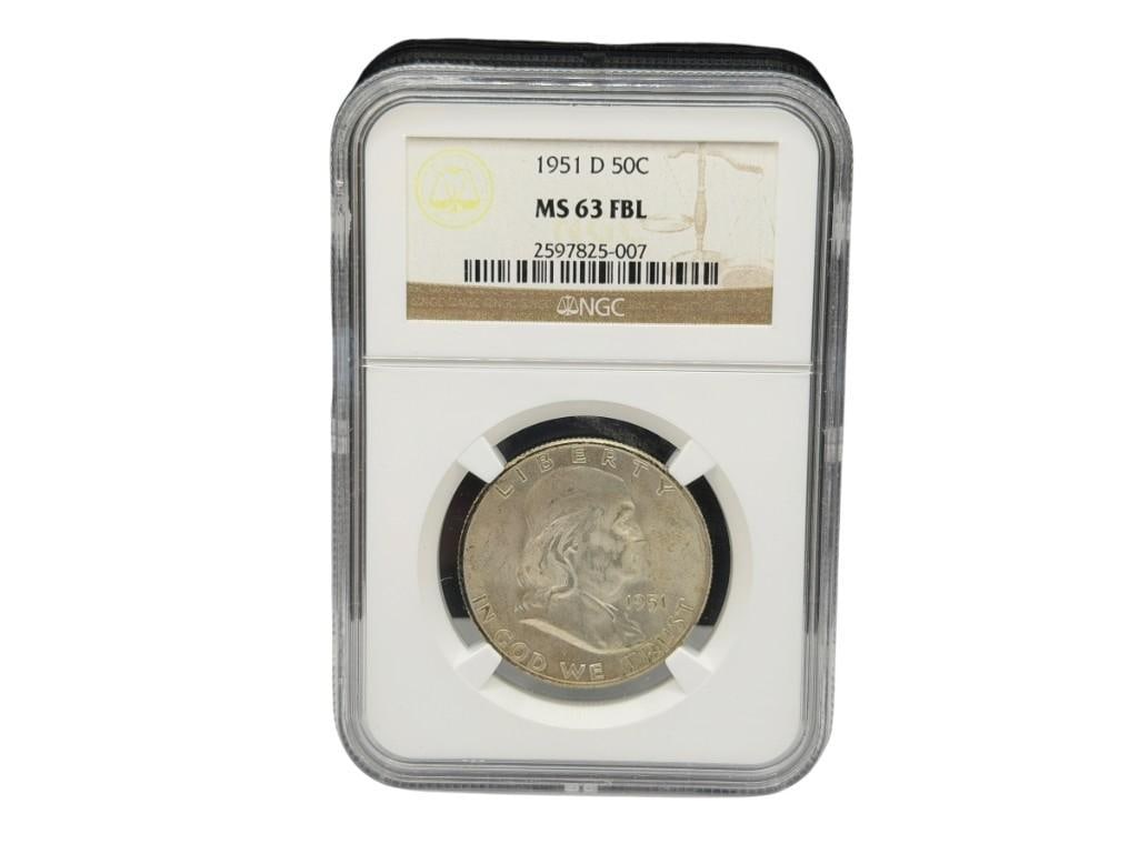 1951-D U.S. FRANKLIN SILVER HALF DOLLAR NGC MS 63 FBL: 90% SILVER