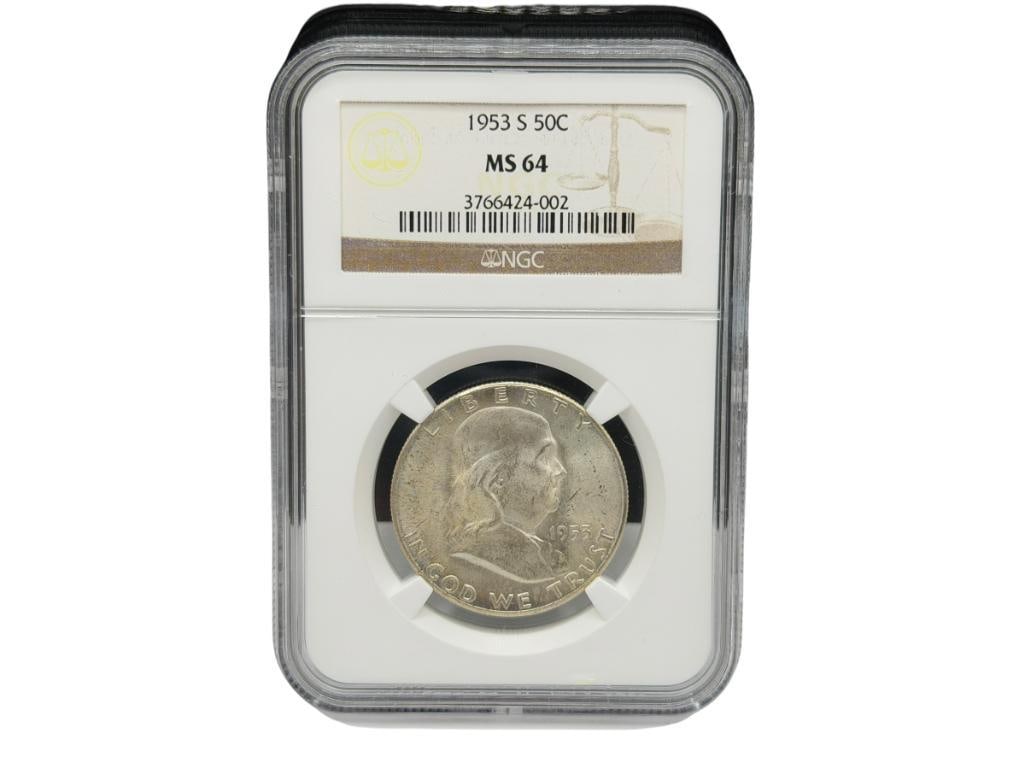 1953-S U.S. FRANKLIN SILVER HALF DOLLAR NGC MS 64: 90% SILVER