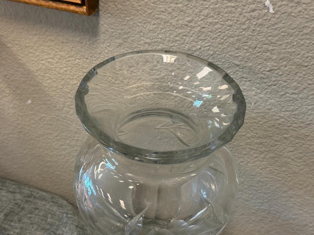 TALL GORHAM ETHCHED CRYSTAL FLORAL VASE - 3