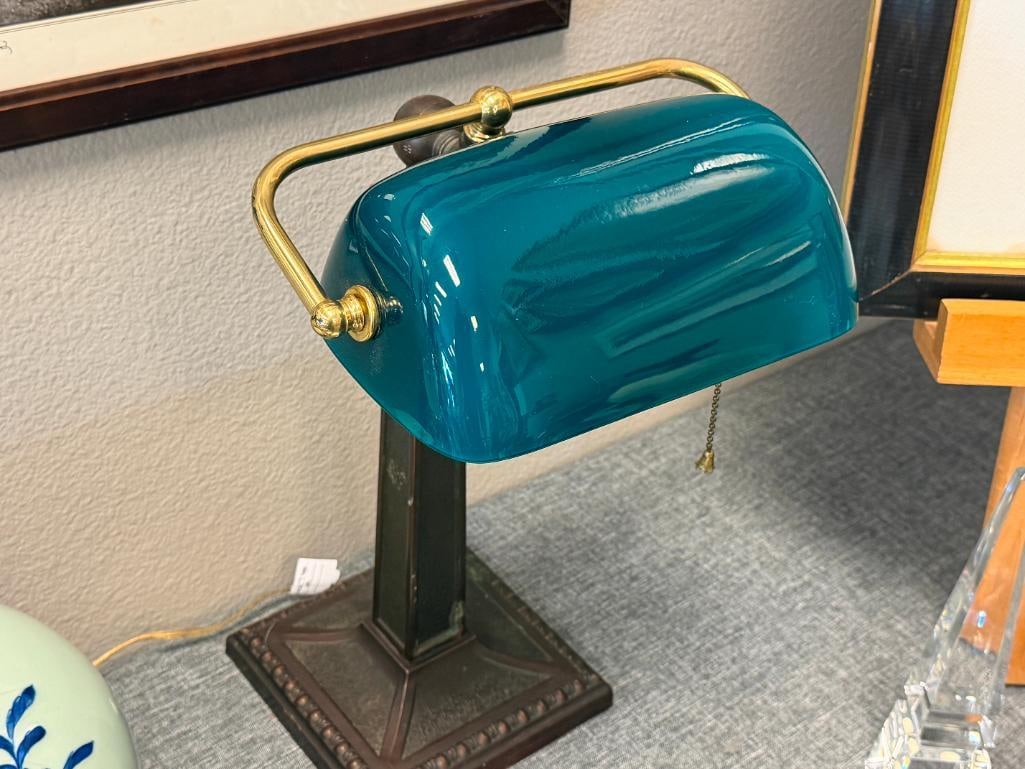 BRONZE TONED METAL BANKERS LAMP WITH SEA GREEN GLASS SHADE - 2