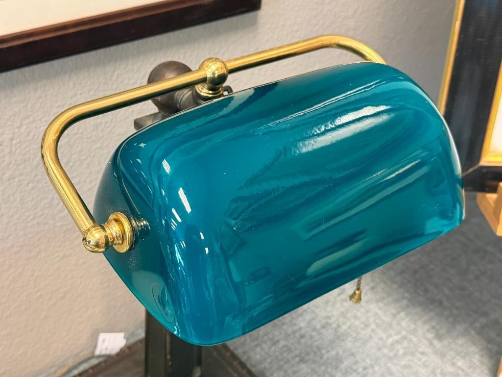 BRONZE TONED METAL BANKERS LAMP WITH SEA GREEN GLASS SHADE - 3