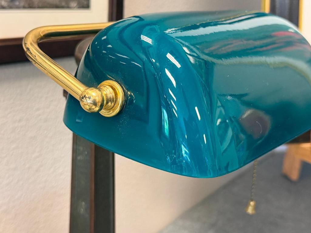 BRONZE TONED METAL BANKERS LAMP WITH SEA GREEN GLASS SHADE - 4