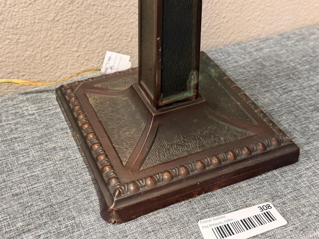 BRONZE TONED METAL BANKERS LAMP WITH SEA GREEN GLASS SHADE - 5