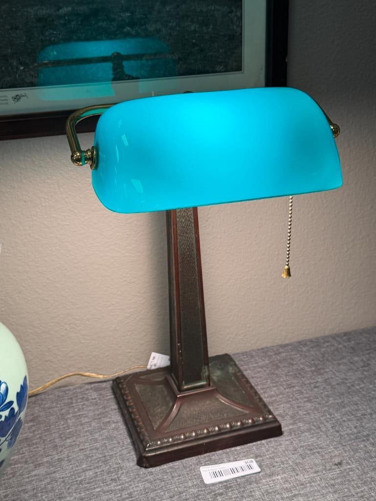 BRONZE TONED METAL BANKERS LAMP WITH SEA GREEN GLASS SHADE - 6