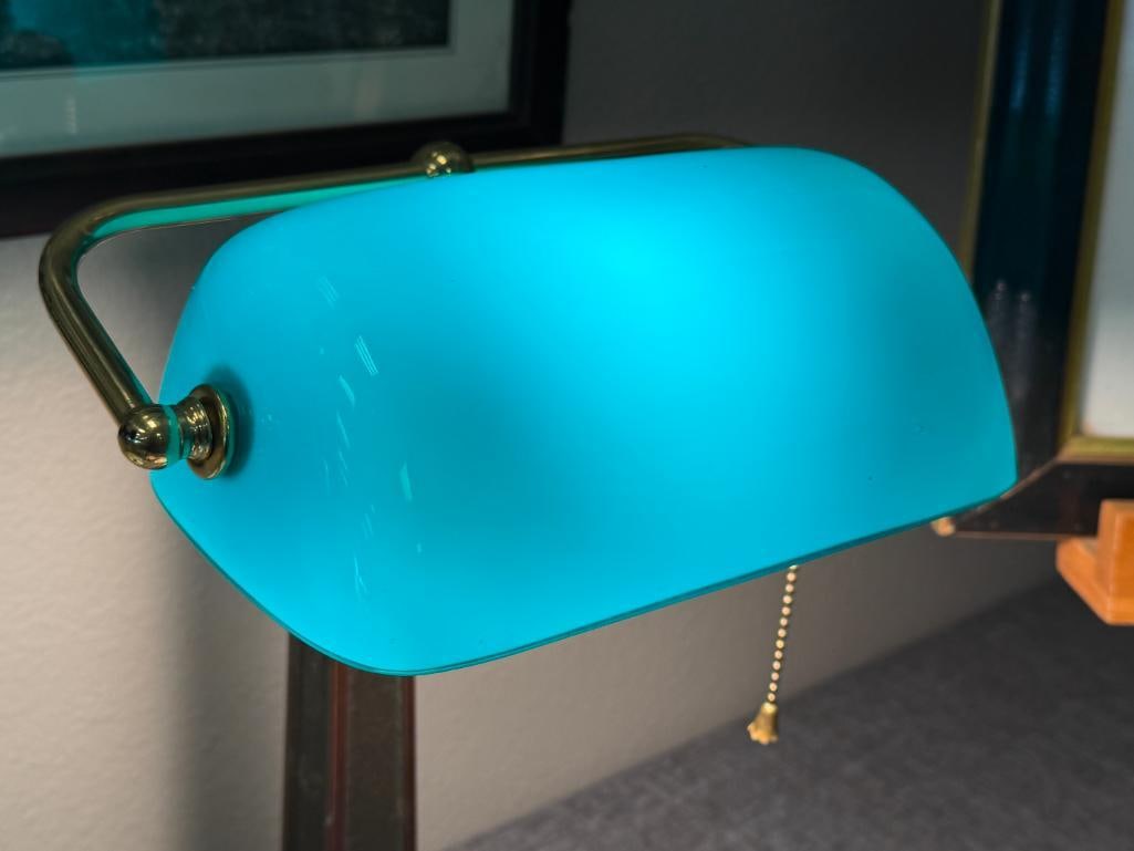 BRONZE TONED METAL BANKERS LAMP WITH SEA GREEN GLASS SHADE - 7