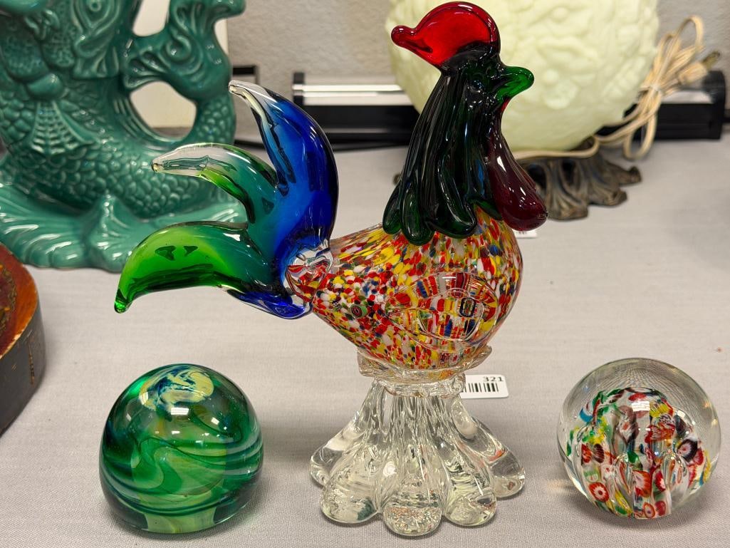HAND BLOWN ART GLASS PAPERWEIGHTS AND ROOSTER FIGURINE ONE PAPERWEIGHT MADE BY WALLS IN JAPAN - 2