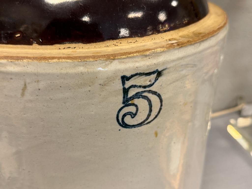 LARGE ANTIQUE 5-GALLON STONEWARE POTTERY JUG TWO-TONE BROWN - 3