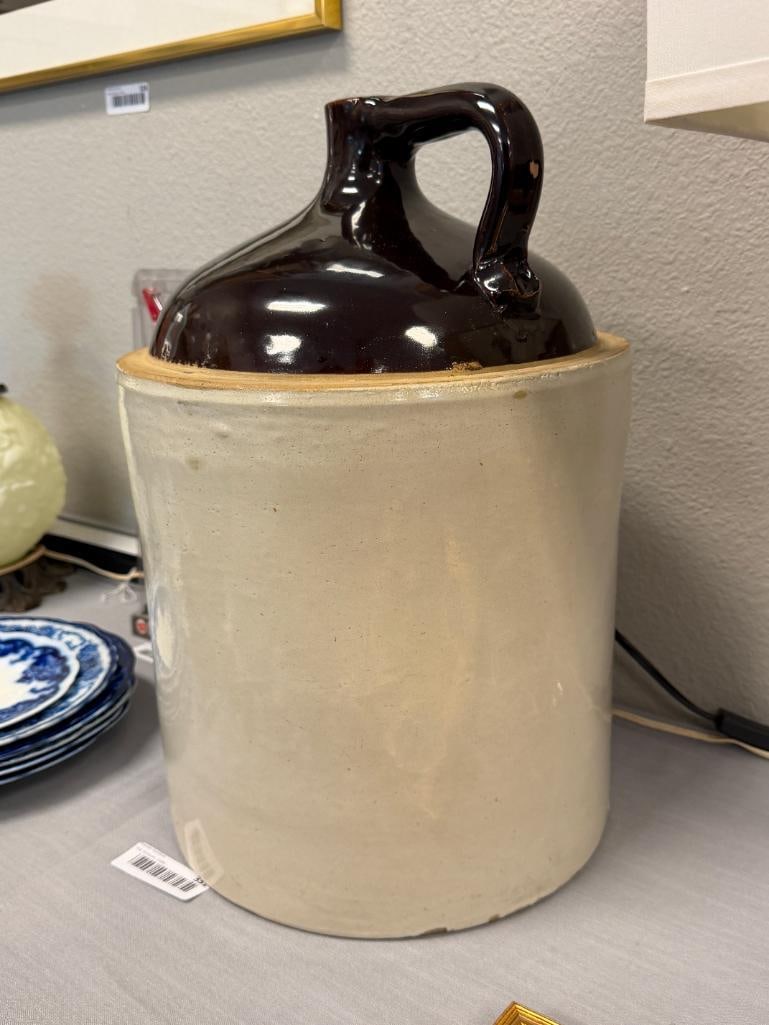 LARGE ANTIQUE 5-GALLON STONEWARE POTTERY JUG TWO-TONE BROWN - 5