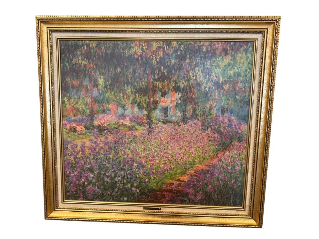 CLAUDE MONET WORLD RENOWN ARTIST TEXTURED PRINT ON CANVAS IRISES IN MONET'S GARDEN ARTAGRAPH EDIT...: CLAUDE MONET (1840-1926) WAS A FRENCH ARTIST AND FOUNDER OF IMPRESSIONISM, ART DEPICTS A LUSH GARDEN PATH AT GIVERNY, PRINT IS STAMPED ON THE CANVAS ARTAGRAPH EDITION, BRASS NAME PLATE ON LOWER
