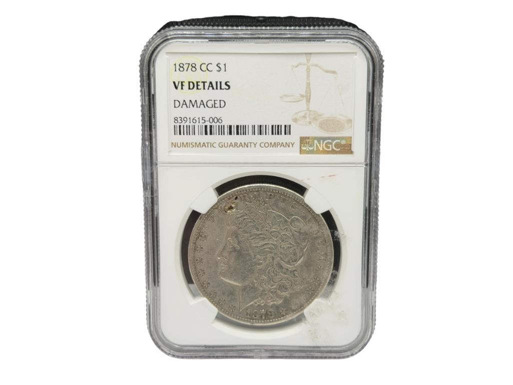 1878-CC U.S. MORGAN SILVER DOLLAR NGC VF DETAILS DAMAGED: 90% SILVER