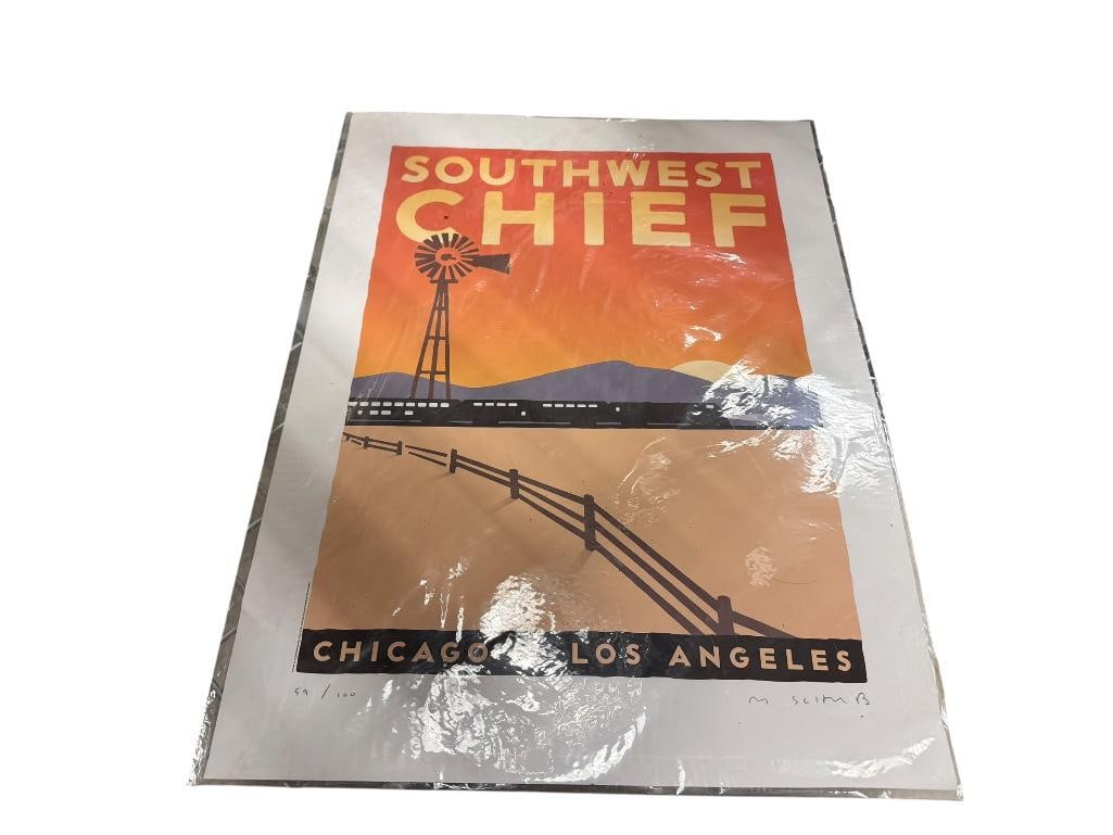 AMTRACK POSTER SOUTHWEST CHIEF CHICAGO TO LOS ANGELES SIGNED AND NUMBERED POSTER BY MICHAEL SCHWAB: SIGNED BY M. SCHWAB AND NUMBERED 59/100 18" X 24"