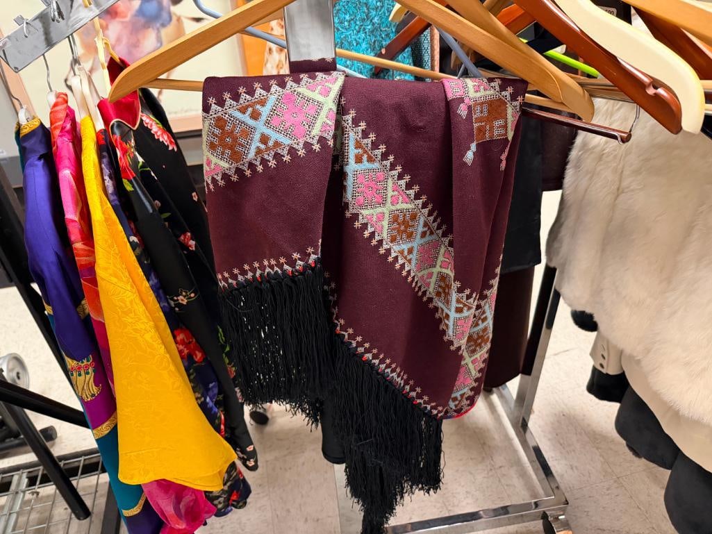 AFGHAN HAND-EMBROIDERED TRINAGLE SHAPED SHAWL FEATURING GEOMETRIC PATTERN AND BLACK FRINGE - 2