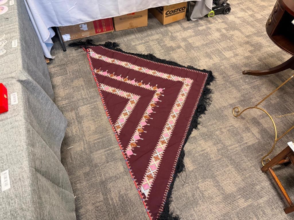 AFGHAN HAND-EMBROIDERED TRINAGLE SHAPED SHAWL FEATURING GEOMETRIC PATTERN AND BLACK FRINGE - 3