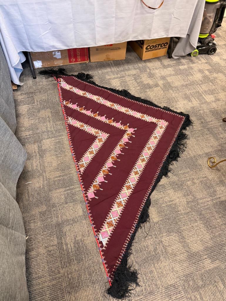AFGHAN HAND-EMBROIDERED TRINAGLE SHAPED SHAWL FEATURING GEOMETRIC PATTERN AND BLACK FRINGE - 4