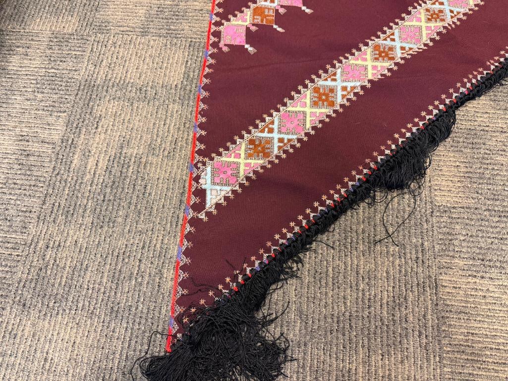 AFGHAN HAND-EMBROIDERED TRINAGLE SHAPED SHAWL FEATURING GEOMETRIC PATTERN AND BLACK FRINGE - 5