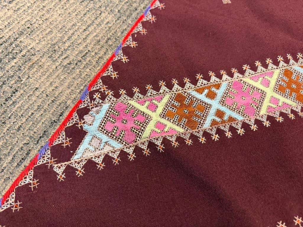 AFGHAN HAND-EMBROIDERED TRINAGLE SHAPED SHAWL FEATURING GEOMETRIC PATTERN AND BLACK FRINGE - 6
