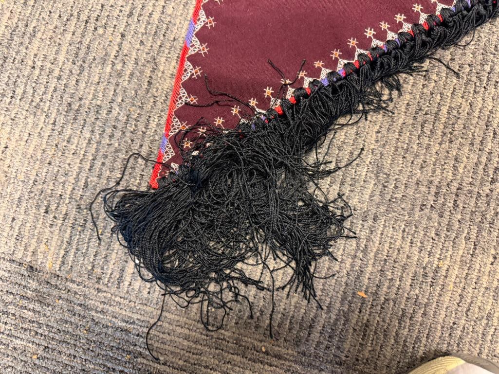 AFGHAN HAND-EMBROIDERED TRINAGLE SHAPED SHAWL FEATURING GEOMETRIC PATTERN AND BLACK FRINGE - 7