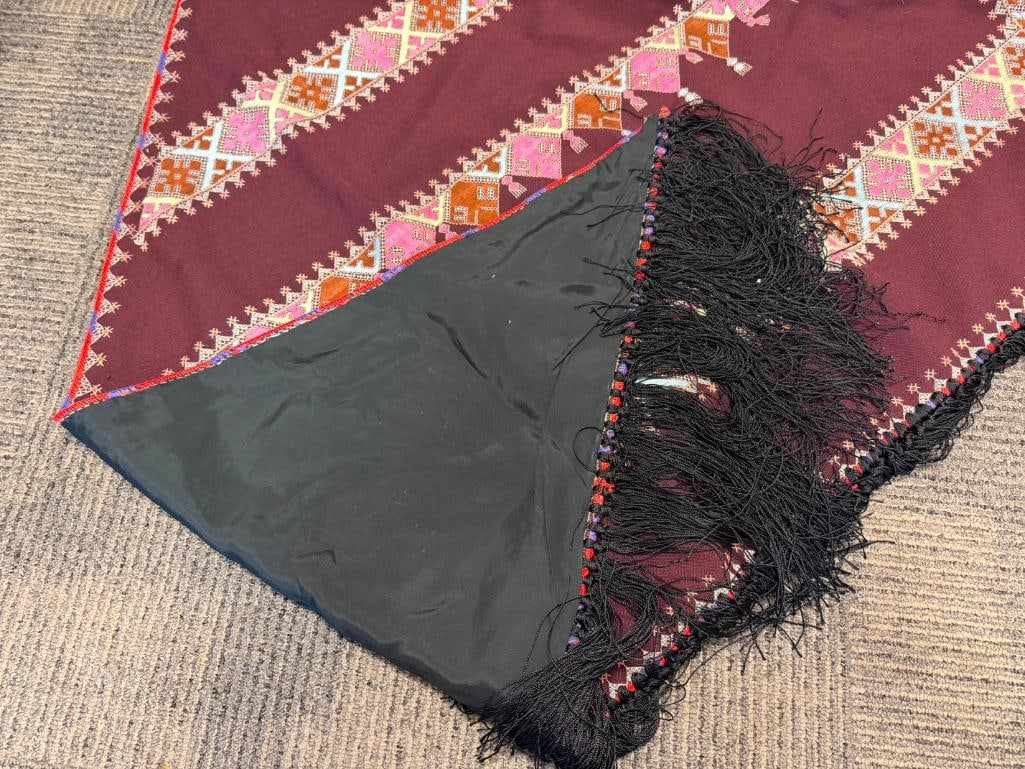 AFGHAN HAND-EMBROIDERED TRINAGLE SHAPED SHAWL FEATURING GEOMETRIC PATTERN AND BLACK FRINGE - 8