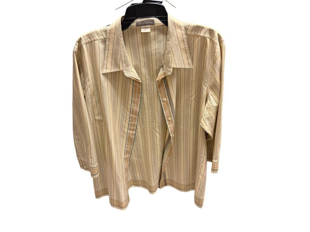 MEN'S TOMMY BAHAMA DESIGNER SILK BUTTON UP SHIRT AND XRISS-XROSS SILK BUTTON UP SHIRT: BOTH LONG SLEEVE, GOOD CONDITION, 100% SILK SIZE XL TOMMY AND OTHER IS SIZE M