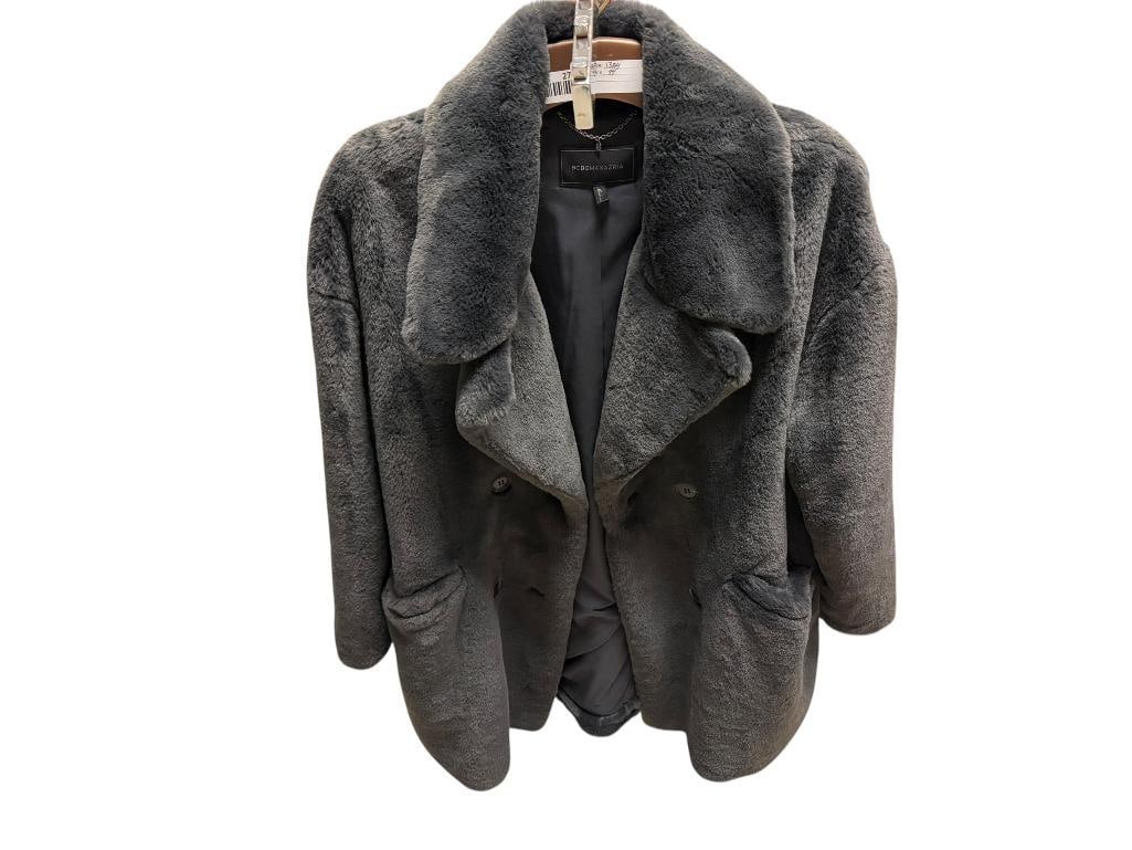 WOMEN'S BCBGMAXAZRIA FAUX FUR COAT: FEATURING A GREY FAUX FUR, GOOD CONDITION 19" SHOULDER W X 36" L