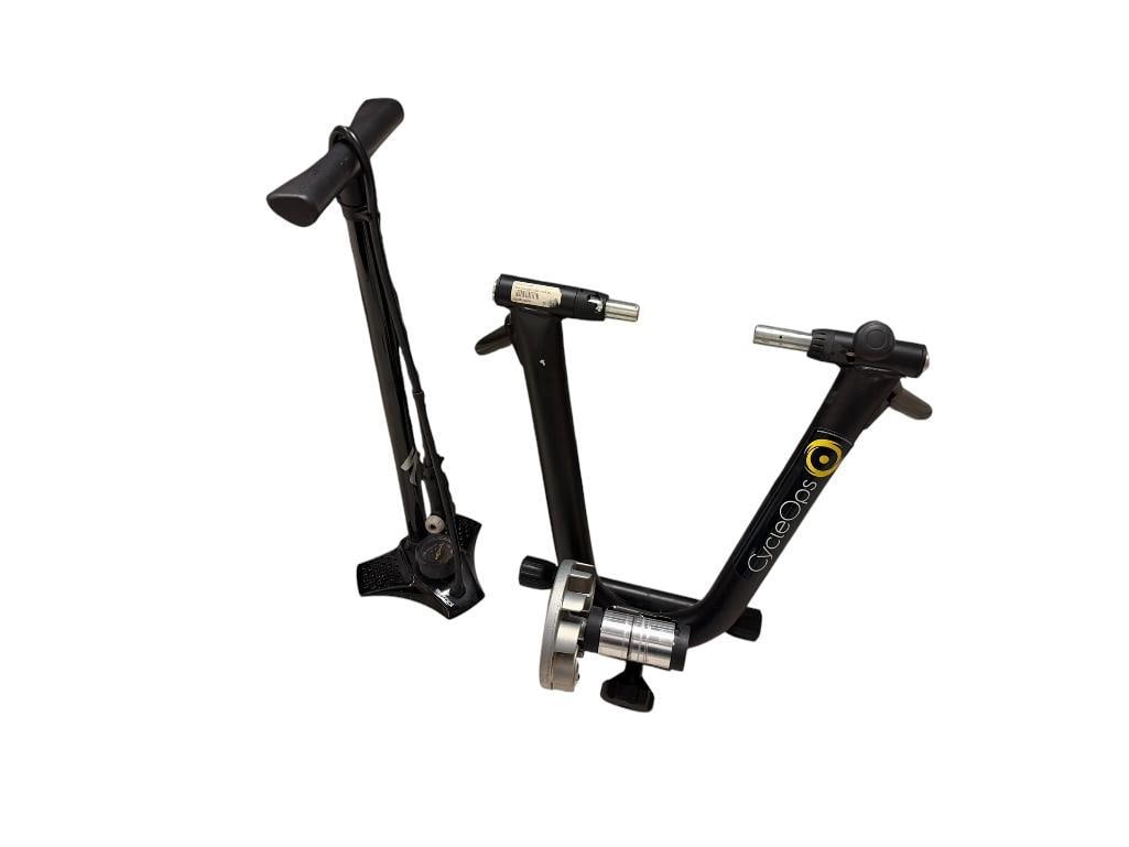 CYCLEOPS FLUID2 BIKE TRAINER AND SPORT 326CC AIRTOOL PUMP WITH PRESSURE GAUGE: BOTH IN SLEEK BLACK FINISH 26" X 24" X 16" BIKE TRAINER