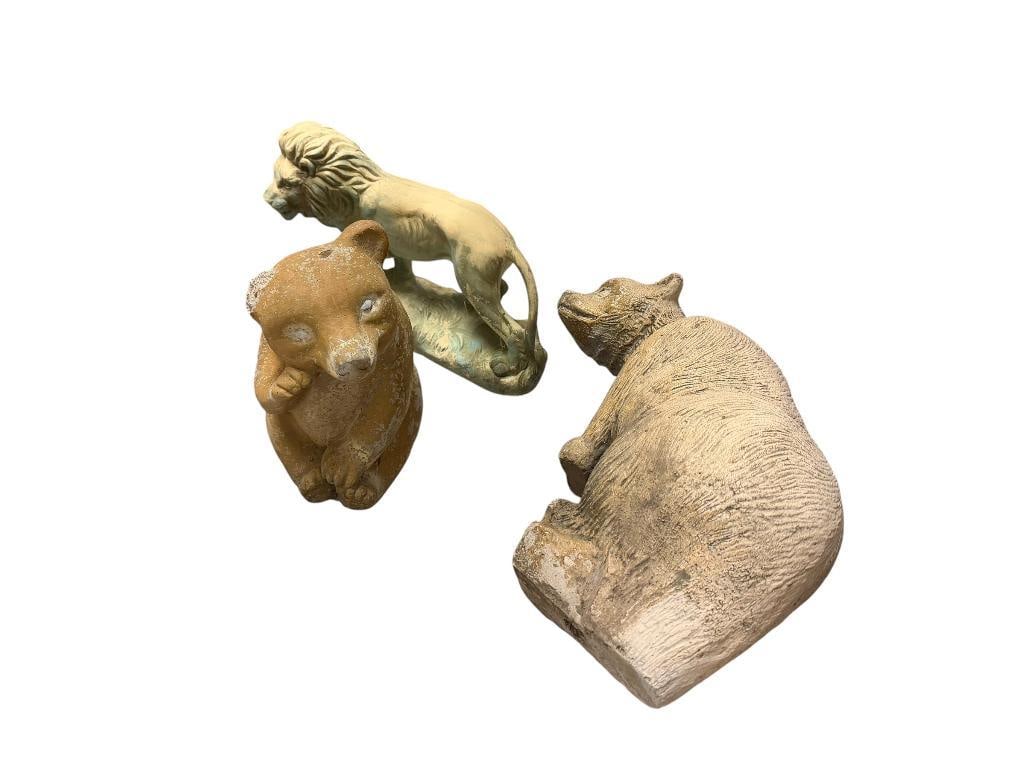 CERAMIC LION AND CEMENT YARD ART BEARS: INCLUDES GREEN PATINA CERAMIC LION, BROWN PAINTED BEAR, AND TEXTURED PARTIALLY STANDING BEAR, FAIR CONDITION LARGEST IS 13" H