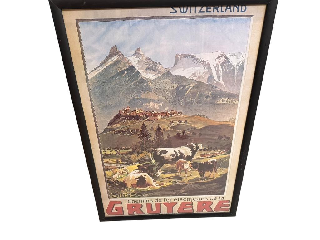 SWITZERLAND SWISSE CHEMINS DE FER ELECTRIQUES DE LA GRUYERE REPRODUCTION TRAVEL POSTER: FEATURING THE SWISS ALPS, FRAMED 19 1/2" X 28" FRAME
