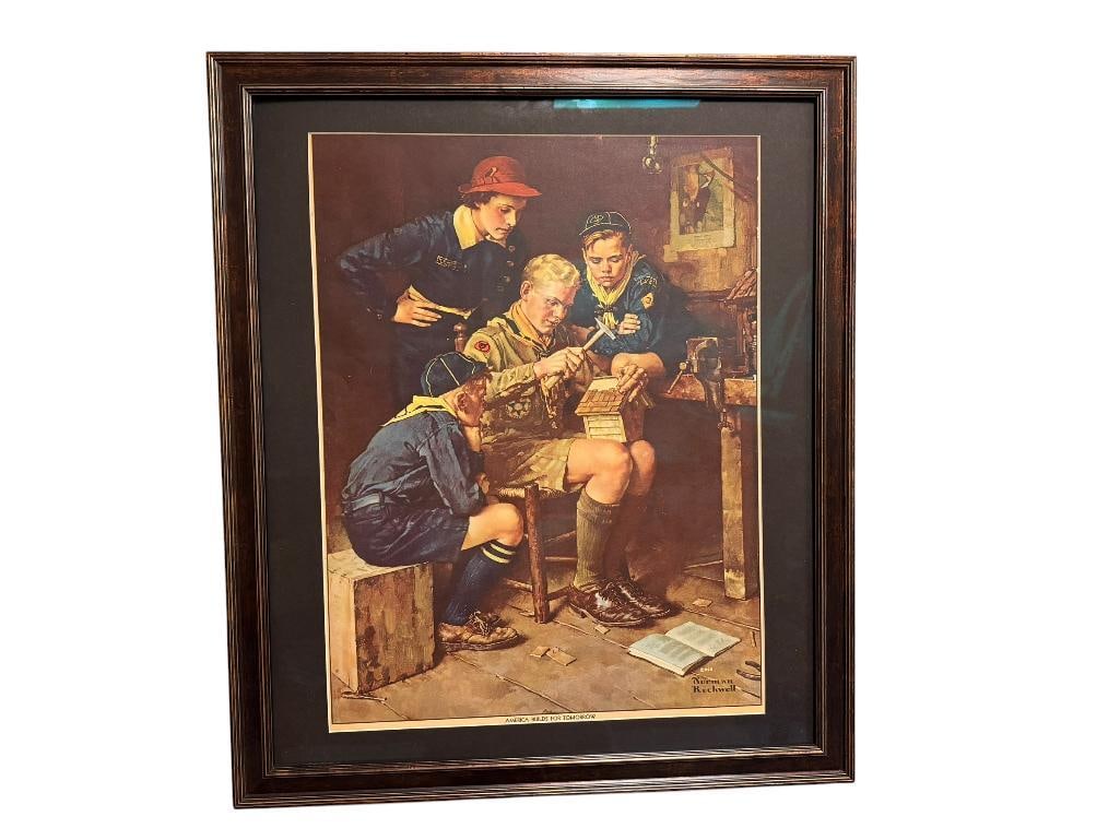 NORMAN ROCKWELL PRINT " AMERICA BUILDS FOR TOMORROW ": DEPICTING FOUR BOYSCOUTS WORKING ON A BIRDHOUSE, FRAMED AND MATTED 24" X 28" FRAME