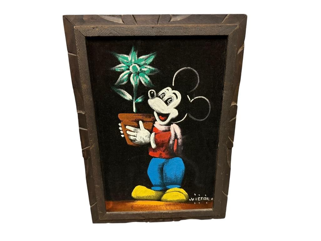 VINTAGE DISNEY THEMED MICKEY MOUSE HOLDING A POTTED PLANT PAINTING ON VELVET SIGNED VICTOR (1 of 7)