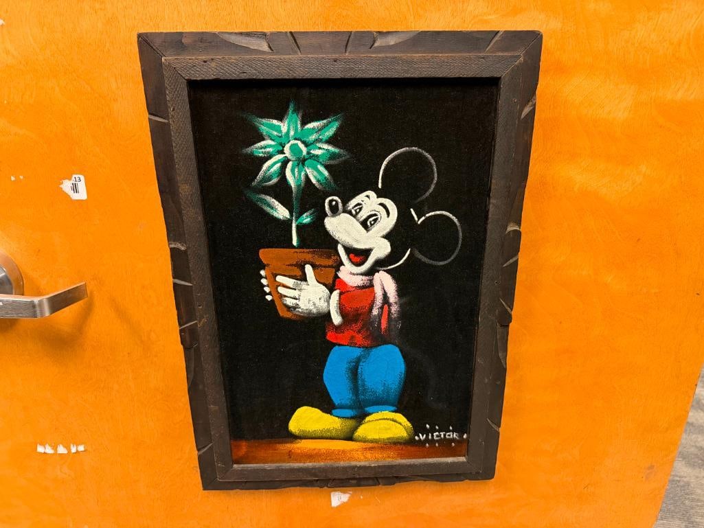 VINTAGE DISNEY THEMED MICKEY MOUSE HOLDING A POTTED PLANT PAINTING ON VELVET SIGNED VICTOR - 2