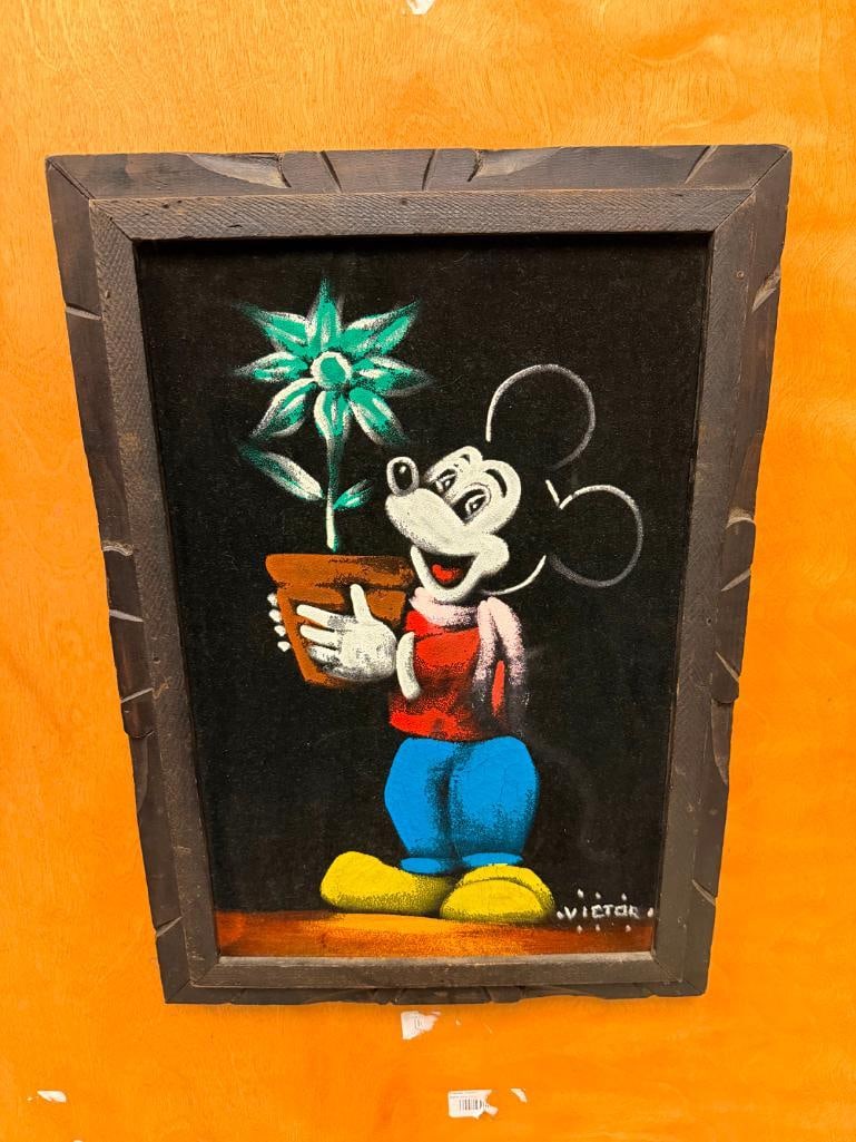 VINTAGE DISNEY THEMED MICKEY MOUSE HOLDING A POTTED PLANT PAINTING ON VELVET SIGNED VICTOR - 3