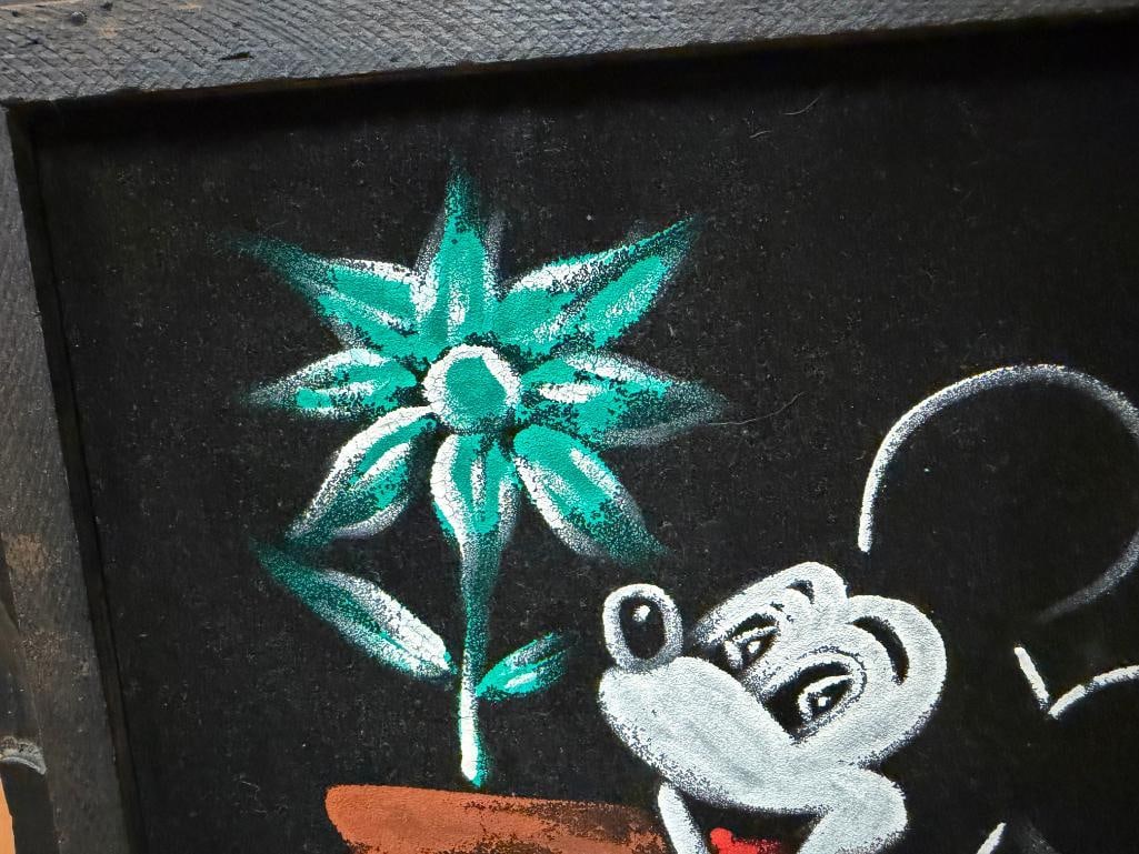 VINTAGE DISNEY THEMED MICKEY MOUSE HOLDING A POTTED PLANT PAINTING ON VELVET SIGNED VICTOR - 6