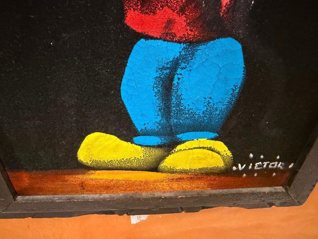VINTAGE DISNEY THEMED MICKEY MOUSE HOLDING A POTTED PLANT PAINTING ON VELVET SIGNED VICTOR - 7