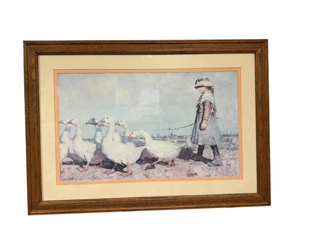 REPRODUCTION PRINT " TO PASTURES NEW " BY SCOTTISH ARTIST JAMES GUTHRIE: DEPICTING A YOUNG GIRL SHEPHERDING GEESE, OAK FRAMED AND DOUBLE MATTED 33" X 23"